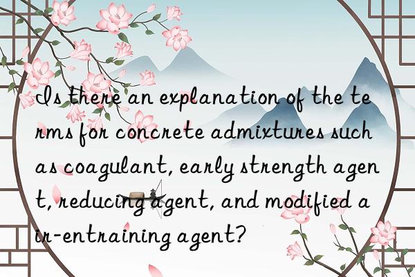 Is there an explanation of the terms for concrete admixtures such as coagulant, early strength agent, reducing agent, and modified air-entraining agent?